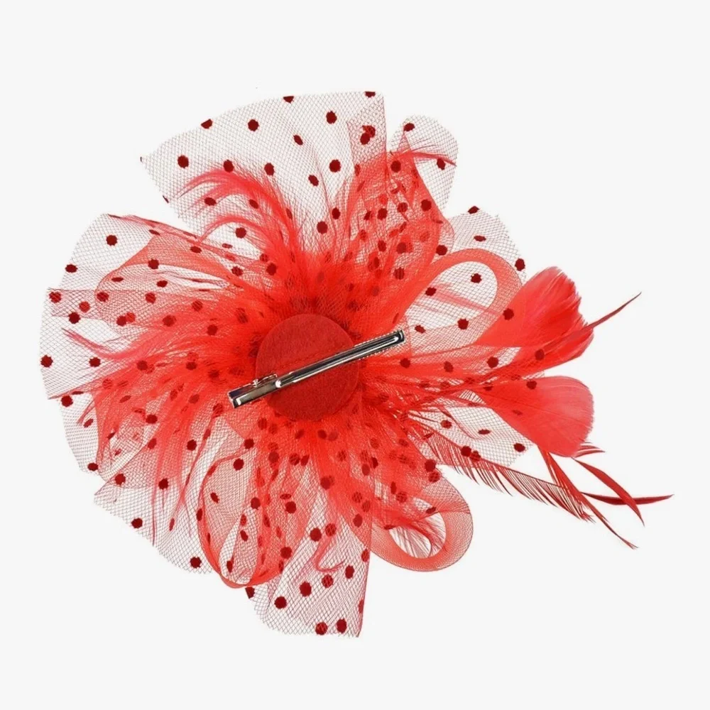 Red Headpiece Headband Hat Beret Flower Mesh Feather Detail Festive Accessories
